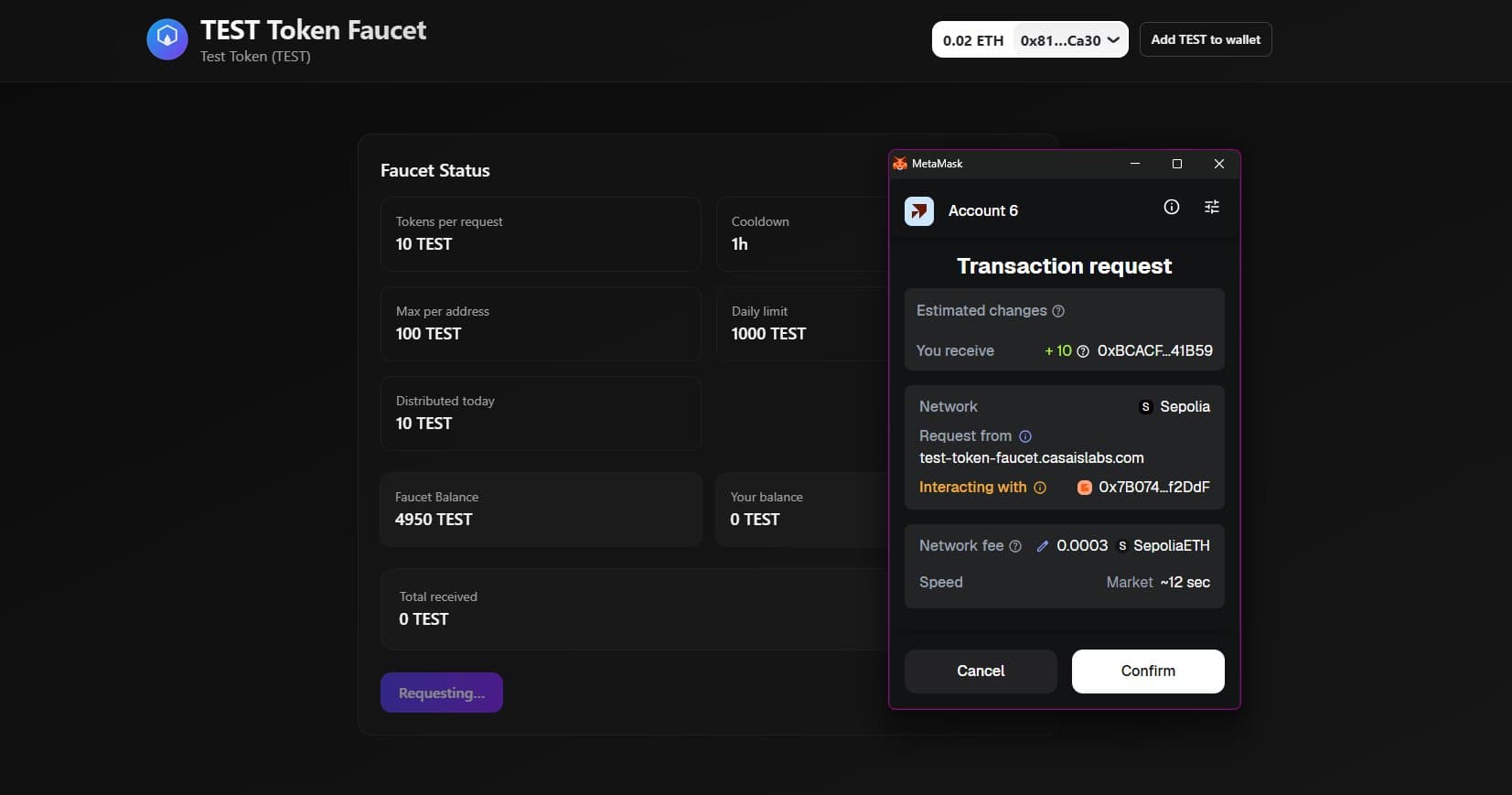 TEST Token Faucet preview